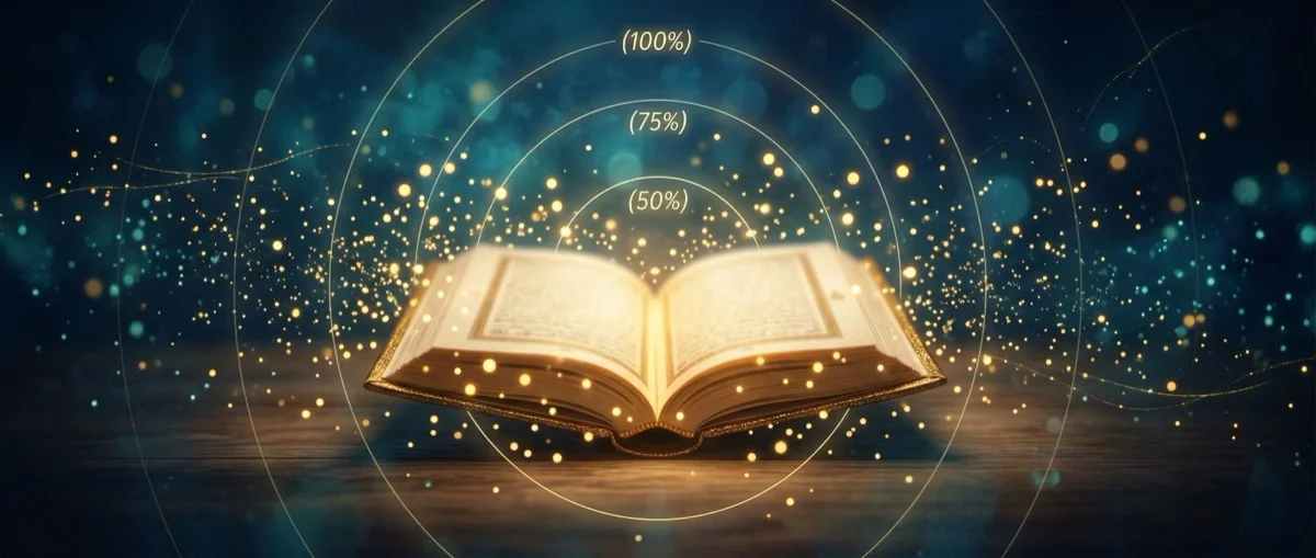 Offener Koran umgeben von leuchtenden Partikeln, die die häufigsten Wörter darstellen