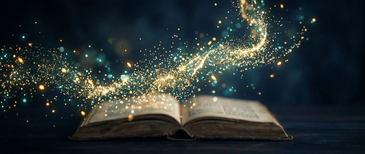 Offenes Buch mit Tausenden leuchtender Partikel, die die Wörter des Korans darstellen