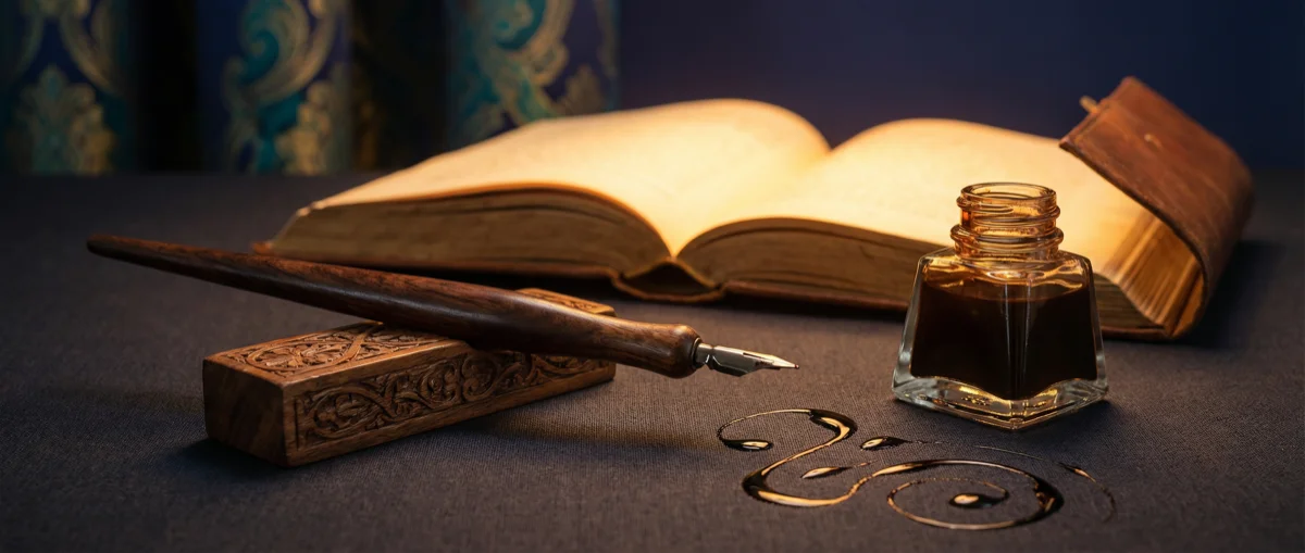 Arabischer Kalligraphiestift und Tinte neben einem unscharfen Koran