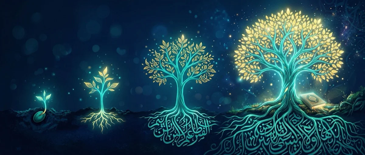 Leuchtender Baum als Symbol für Wissenswachstum durch Wiederholung